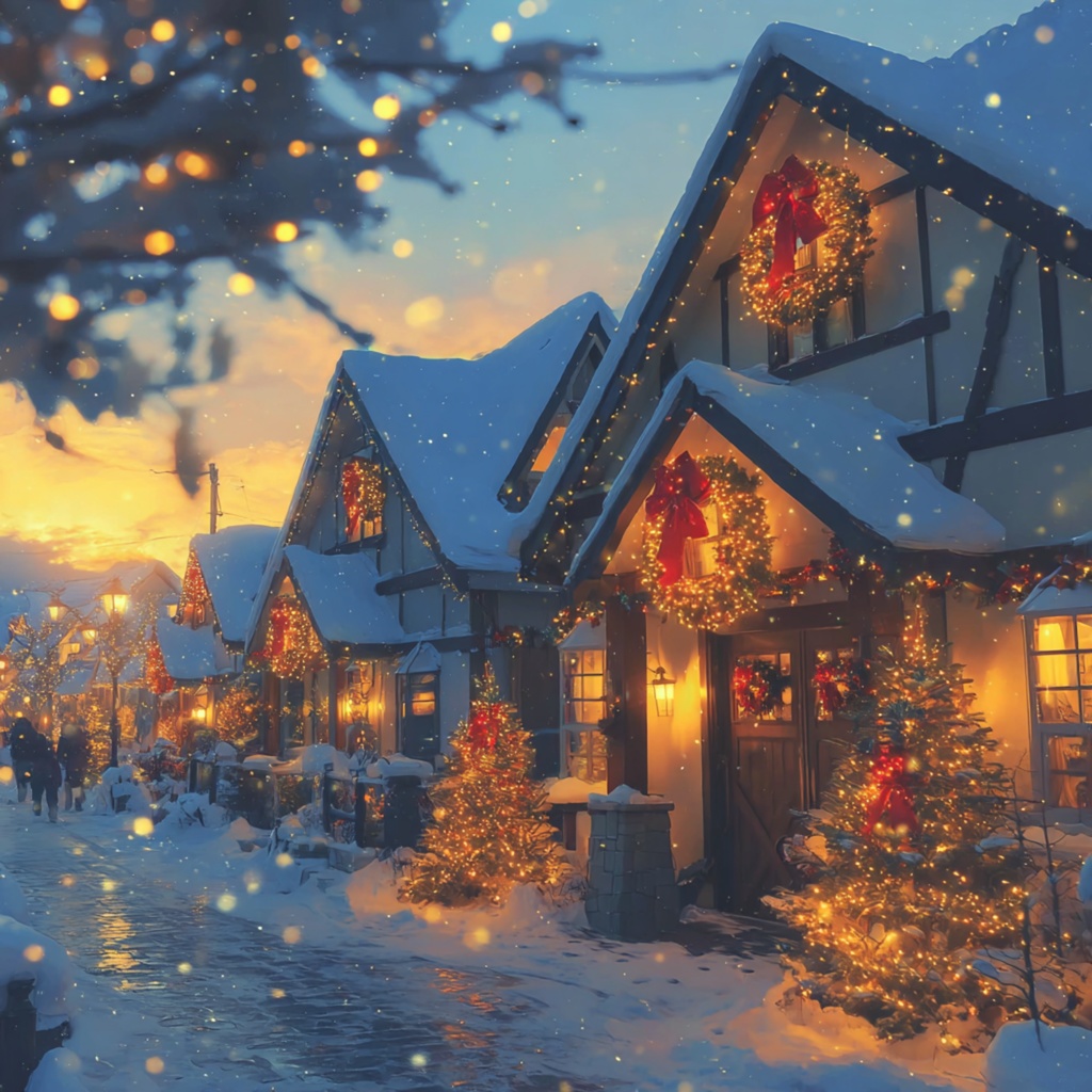 聖夜の灯火、雪降るノスタルジックな街角