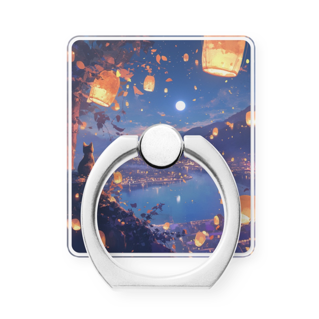 猫と灯るスカイランタンの夜景スマホリング