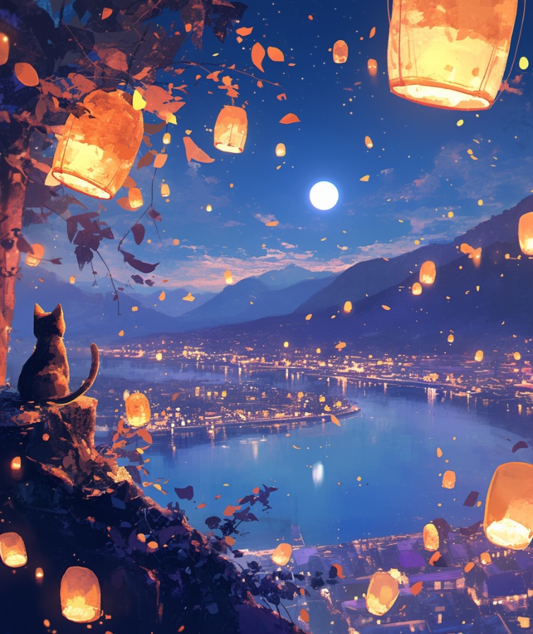 猫と灯るスカイランタンの夜景スマホリング