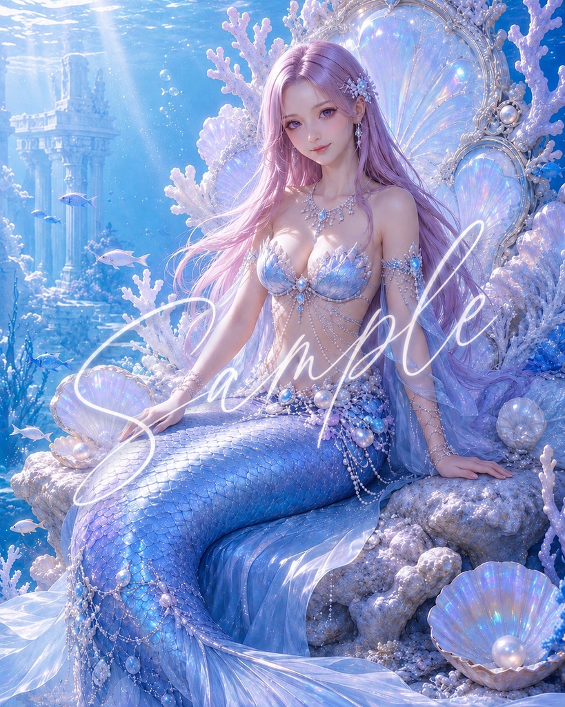 海のきらめき素材セット・ブルー|貝殻・パール・サンゴ 透過PNG 全8点