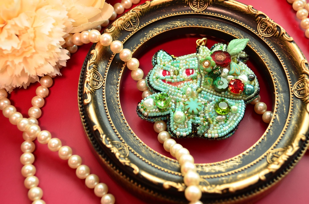 【キーホルダー】フシギダネ(Lサイズ)【ビーズ刺繍】