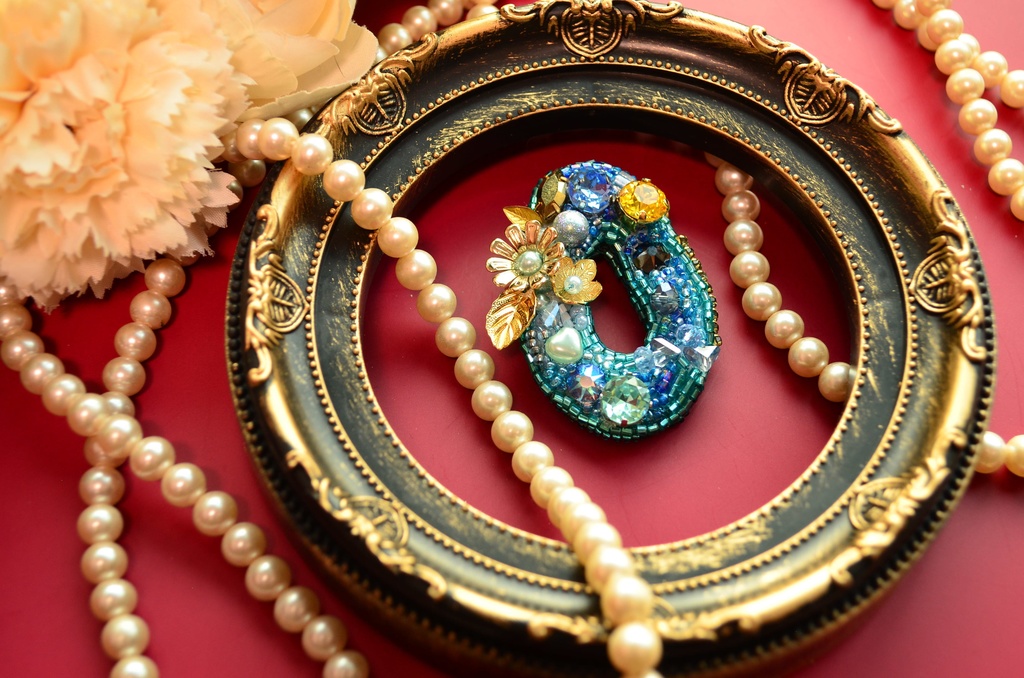 【ブローチ】海と花【ビーズ刺繍】