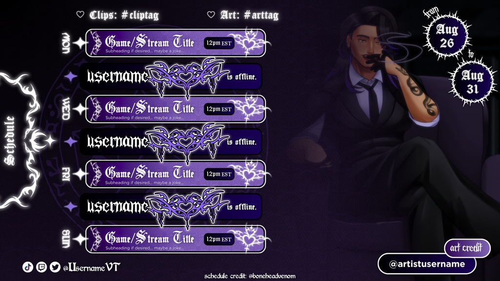 【VTuber素材】⬩ CUSTOMIZABLE Cybergoth Succubus Streaming Schedule|Canva Template | 5 Colors 【VTuber配信予定】