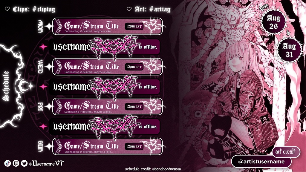 【VTuber素材】⬩ CUSTOMIZABLE Cybergoth Succubus Streaming Schedule|Canva Template | 5 Colors 【VTuber配信予定】