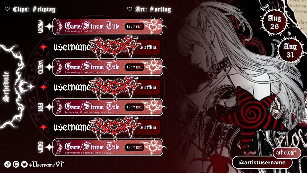 【VTuber素材】⬩ CUSTOMIZABLE Cybergoth Succubus Streaming Schedule|Canva Template | 5 Colors 【VTuber配信予定】