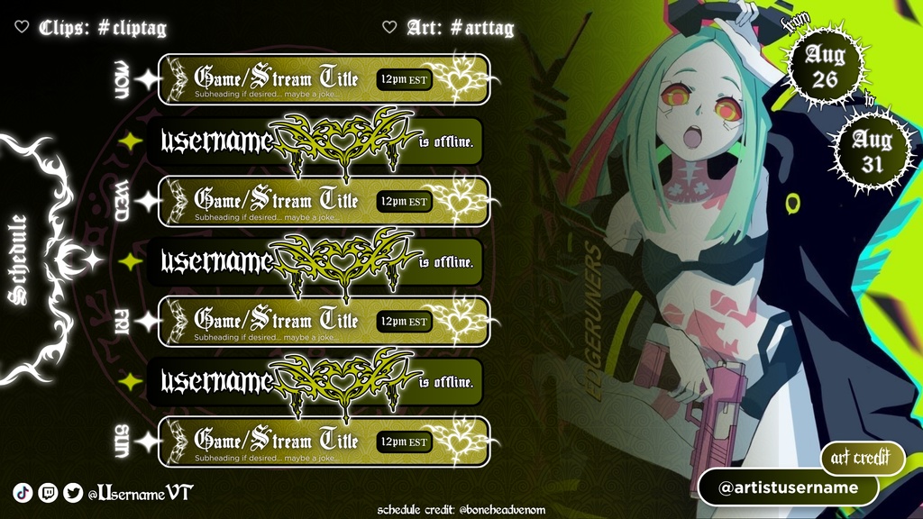 【VTuber素材】⬩ CUSTOMIZABLE Cybergoth Succubus Streaming Schedule|Canva Template | 5 Colors 【VTuber配信予定】