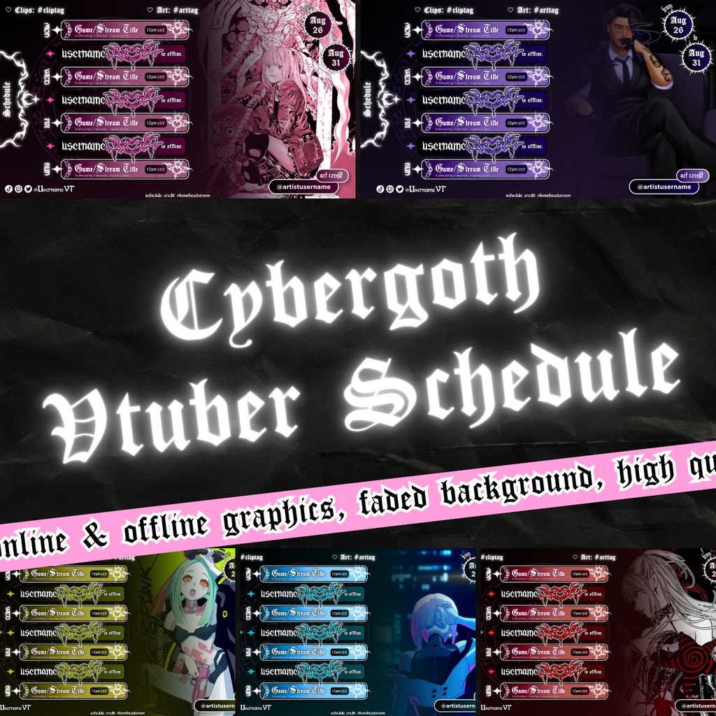 【VTuber素材】⬩ CUSTOMIZABLE Cybergoth Succubus Streaming Schedule｜Canva Template | 5 Colors 【VTuber配信予定】 