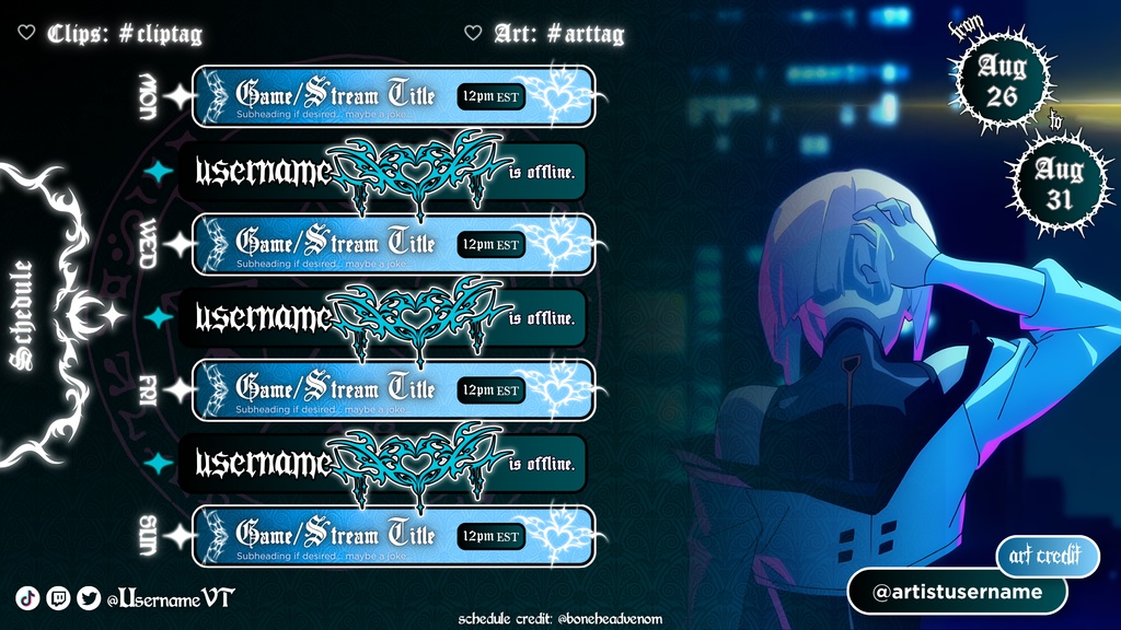 【VTuber素材】⬩ CUSTOMIZABLE Cybergoth Succubus Streaming Schedule|Canva Template | 5 Colors 【VTuber配信予定】