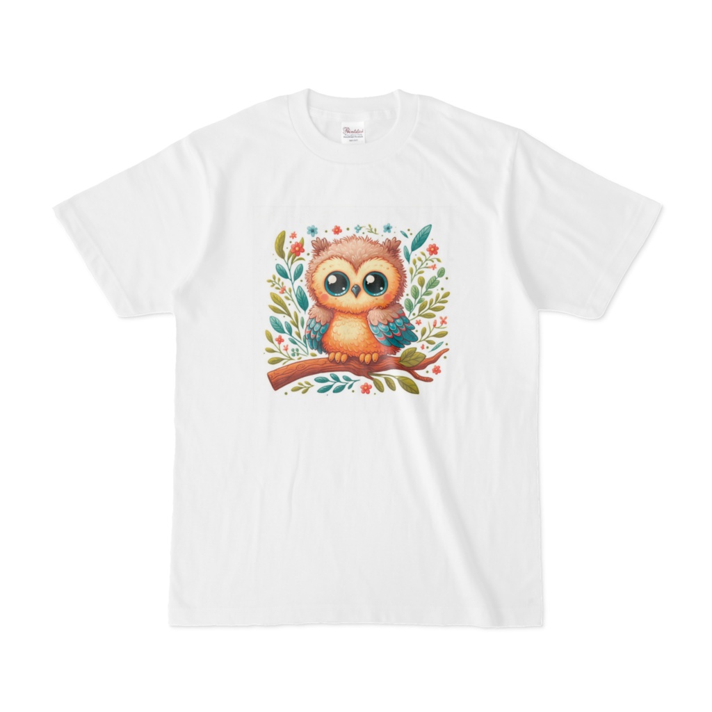 フクロウのイラスト入り白Tシャツ②