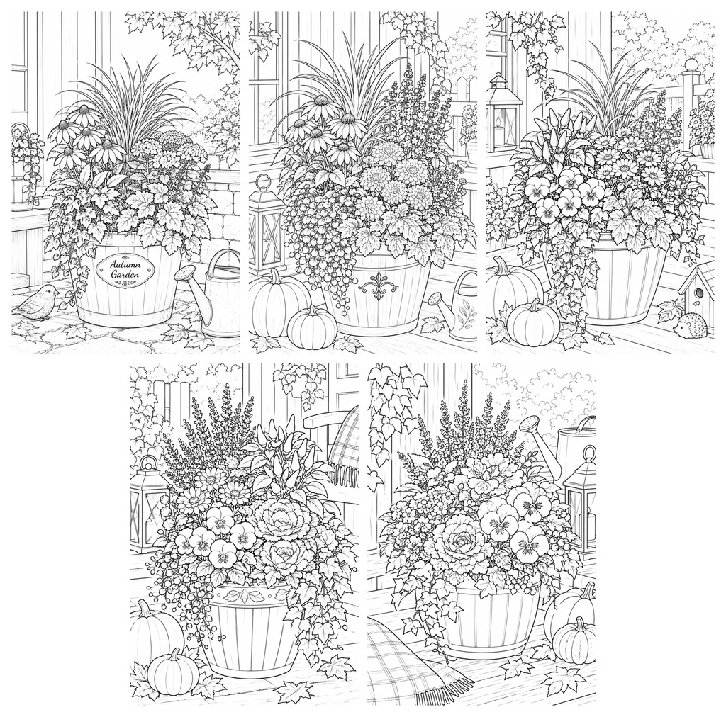 秋の寄せ植えぬりえ 5枚セット ｜Autumn Flower Coloring Pages｜A4 PDF 5枚
