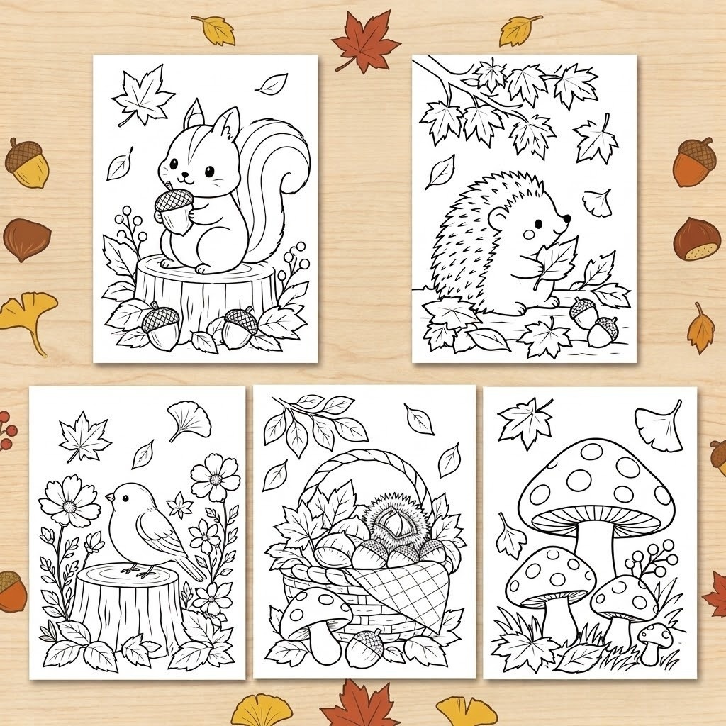 秋のぬりえ 5枚セット ｜Autumn Coloring Pages
