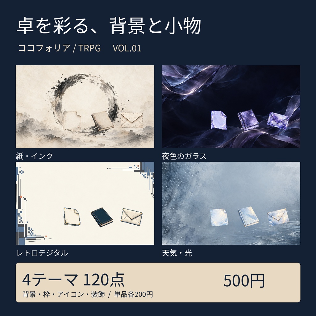 【無料お試しあり】卓を彩る、背景と小物 Vol.1|4テーマ120点・背景/枠/アイコン【ココフォリア/TRPG】