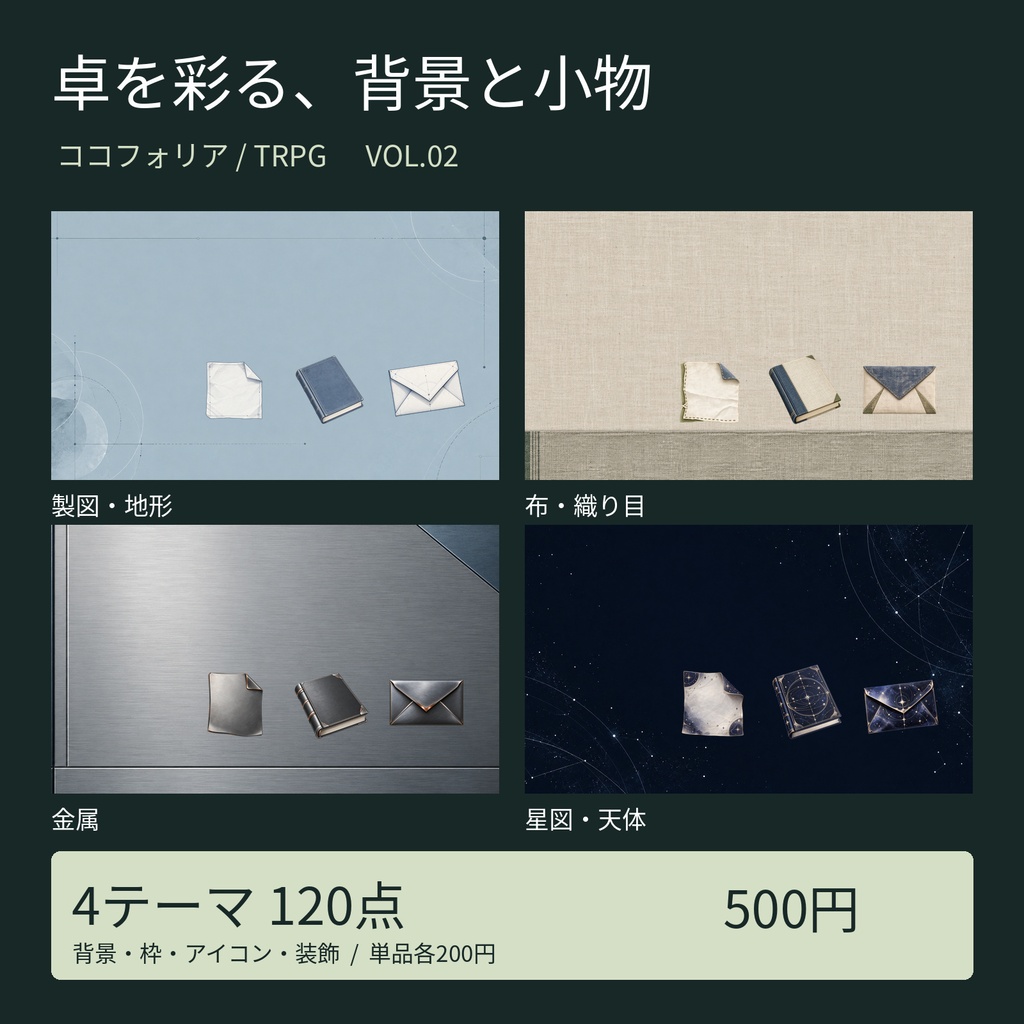 【無料お試しあり】卓を彩る、背景と小物 Vol.2|4テーマ120点・背景/枠/アイコン【ココフォリア/TRPG】