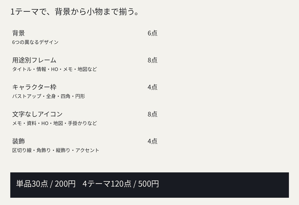 【無料お試しあり】卓を彩る、背景と小物 Vol.2|4テーマ120点・背景/枠/アイコン【ココフォリア/TRPG】