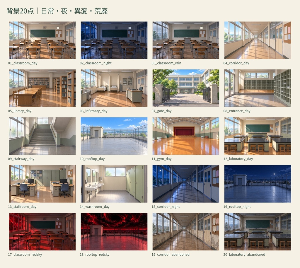 【ココフォリア/TRPG】学校シーン素材集|日常と異変【背景20点・PNG110ファイル】