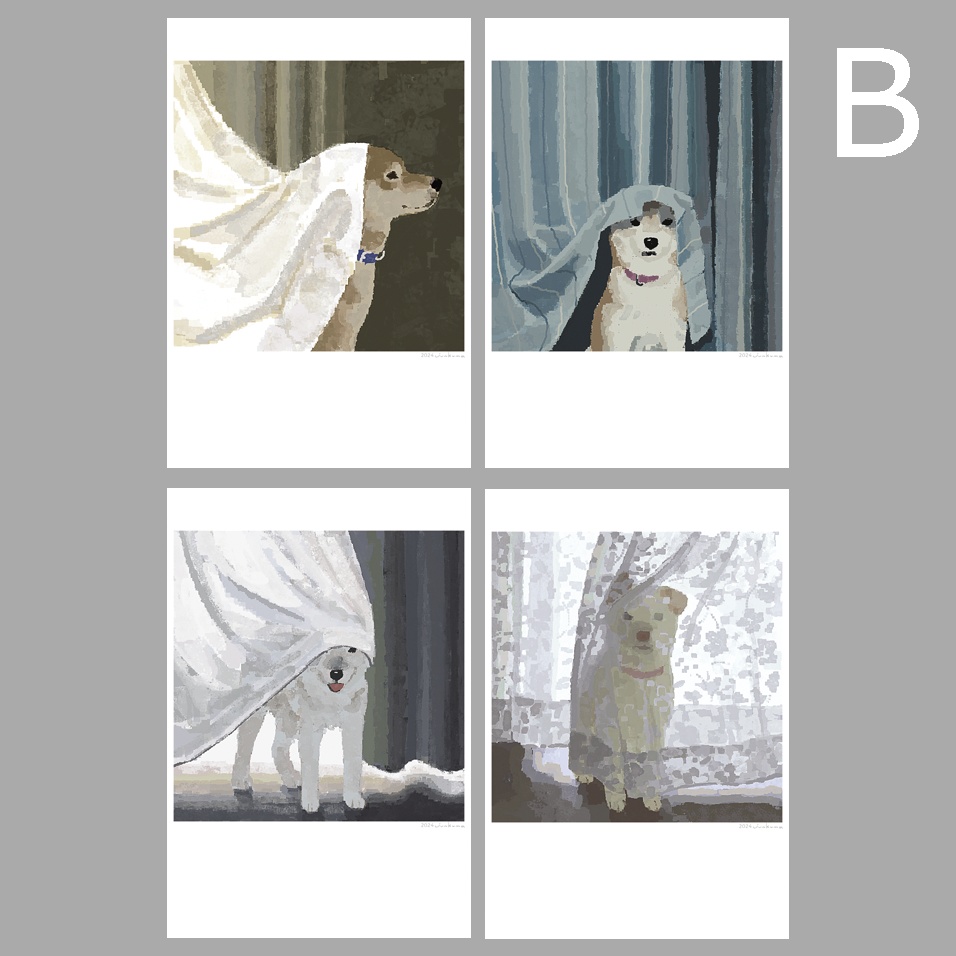 カーテンと犬のポストカード４種セット【B】