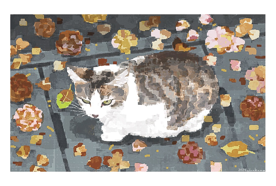 「猫と散った山茶花」ポストカード