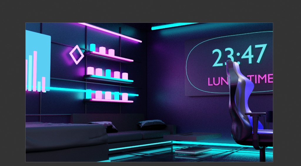 LUNA ANALYSIS ROOM Cyberpunk / Neon Gaming Bedroom Scene for Blender