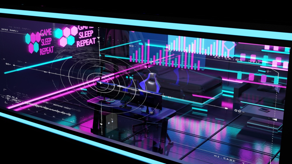 LUNA ANALYSIS ROOM Cyberpunk / Neon Gaming Bedroom Scene for Blender