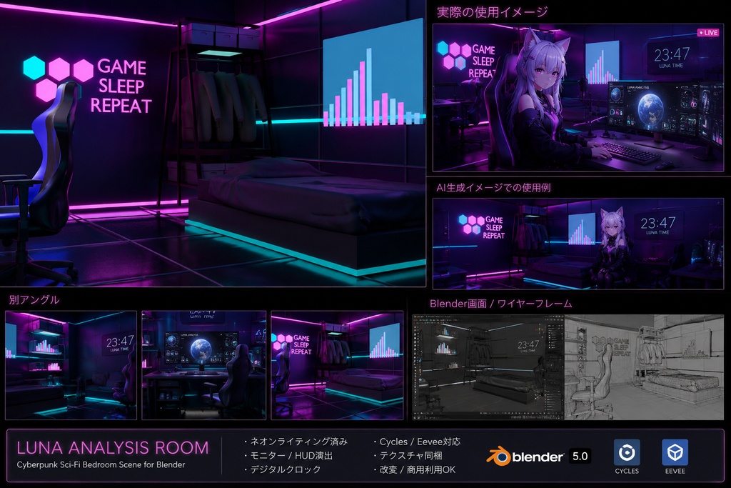 LUNA ANALYSIS ROOM Cyberpunk / Neon Gaming Bedroom Scene for Blender