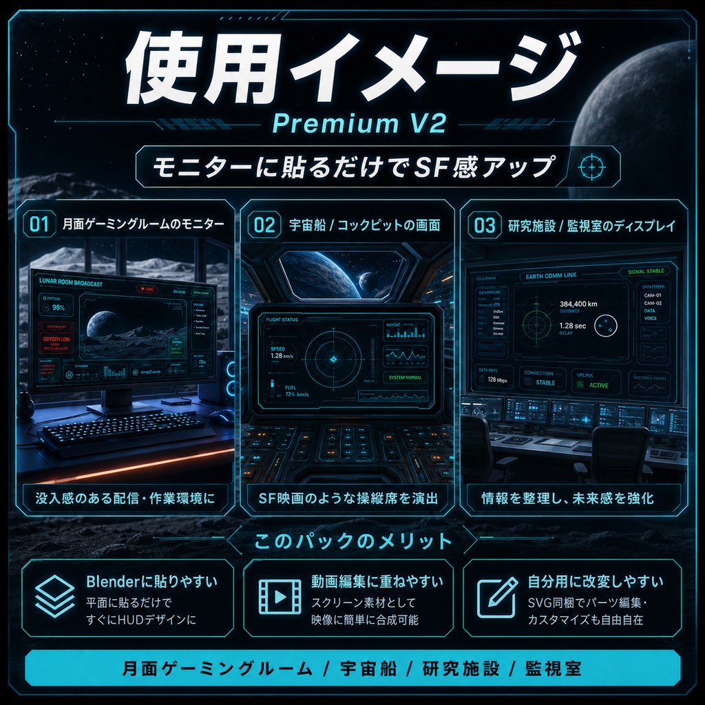 月面モニターHUD素材パック Premium V2【PNG透過 / SVG同梱 / 商用利用OK】