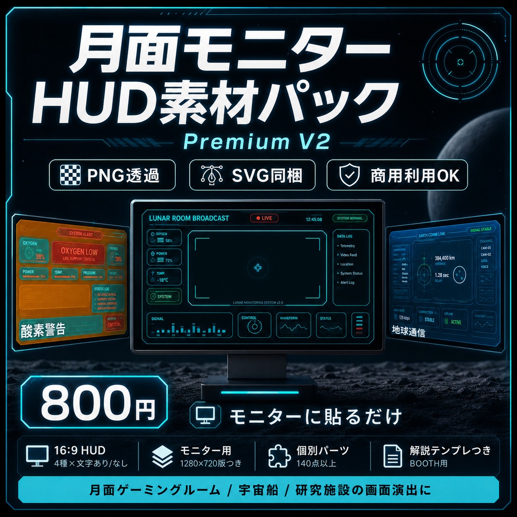 月面モニターHUD素材パック Premium V2【PNG透過 / SVG同梱 / 商用利用OK】