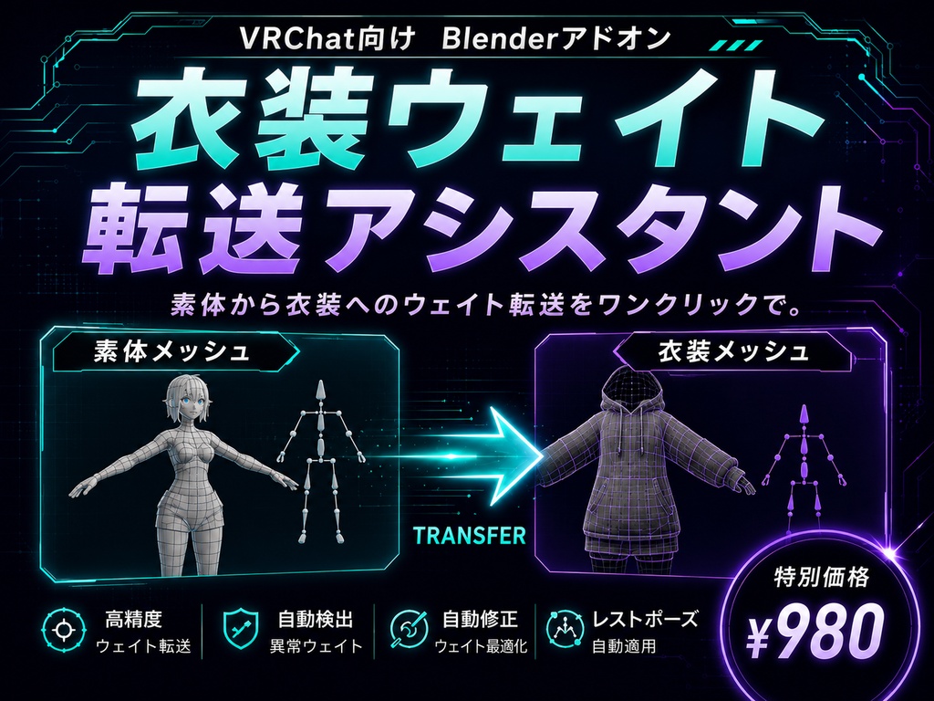 【衣装ウェイト転送アシスタント】素体→衣装のウェイト転送・異常修正をワンクリックで【Blender4/5対応 VRChat向け】