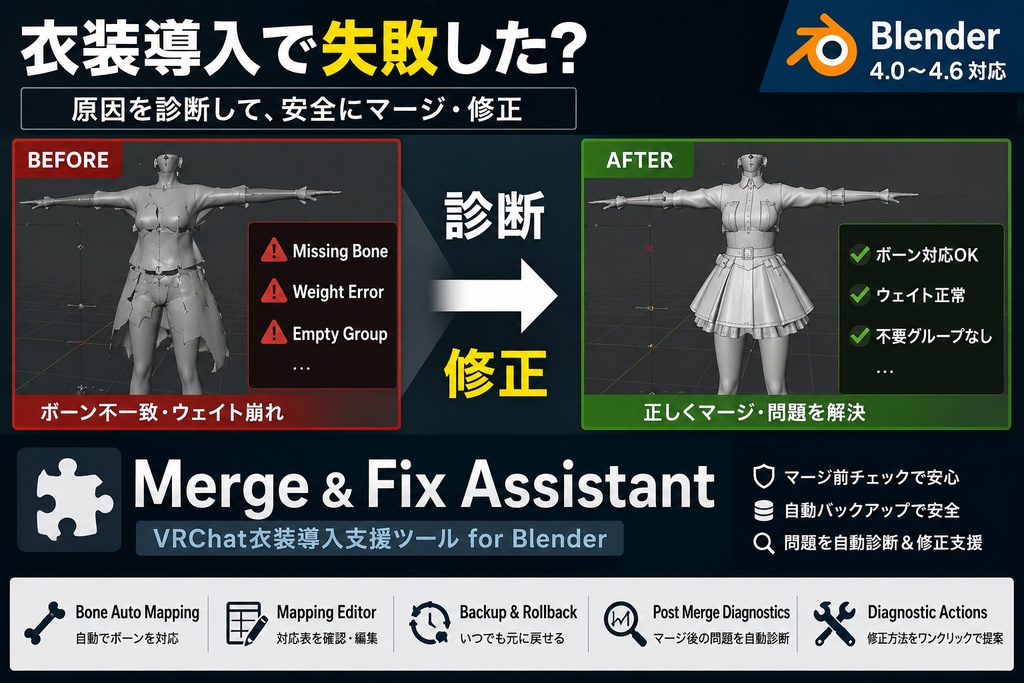 Merge & Fix Assistant  VRChat衣装導入支援ツール for Blender