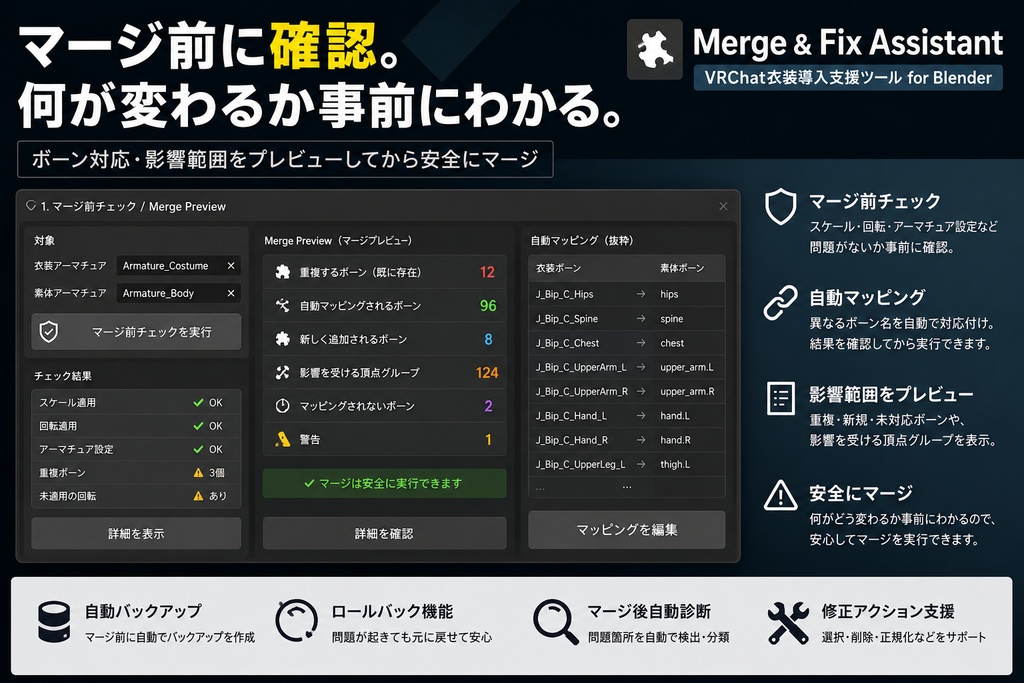 Merge & Fix Assistant VRChat衣装導入支援ツール for Blender