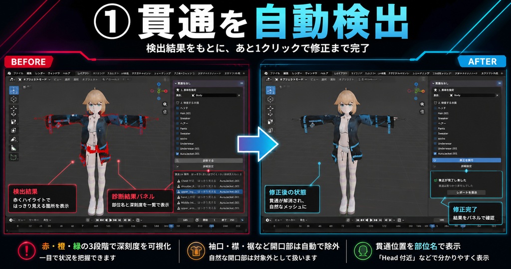 貫通なおし|Blender 衣装の貫通を検出&非破壊で自動修正