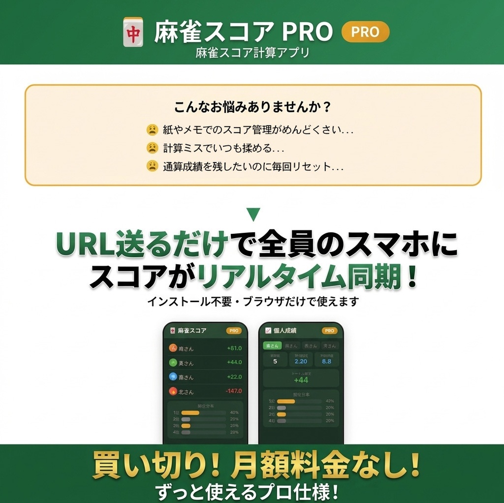 麻雀スコアPRO ライセンスキー｜スマホ対応・リアルタイム同期・成績管理アプリ