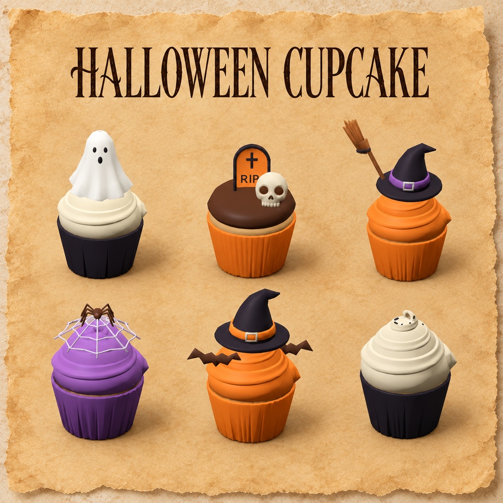 かわいいハロウィンカップケーキ6種セット｜3Dモデル