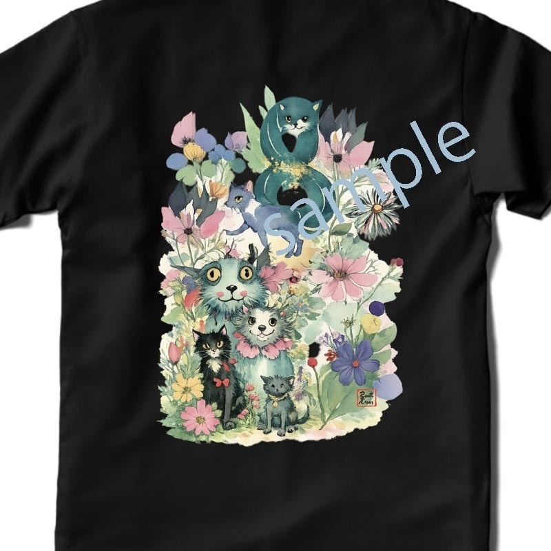 花とねこの幸せの時間(縁起物) Cats in Bloom(両面 ; 肌触りGOOD; 白、黒)