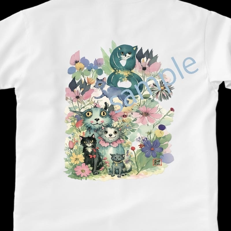 花とねこの幸せの時間(縁起物) Cats in Bloom(両面 ; 肌触りGOOD; 白、黒)