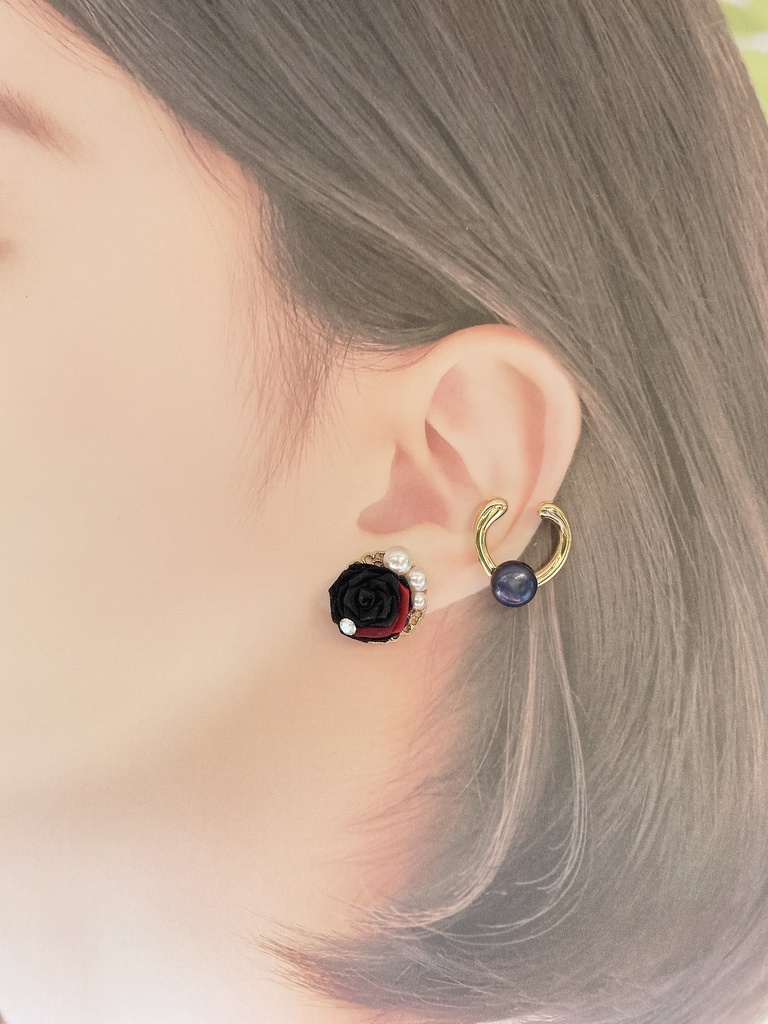 刀剣男士イメージ つまみ細工 小さなお花(薔薇)ピアス/イヤリング (イヤーカフ付き)
