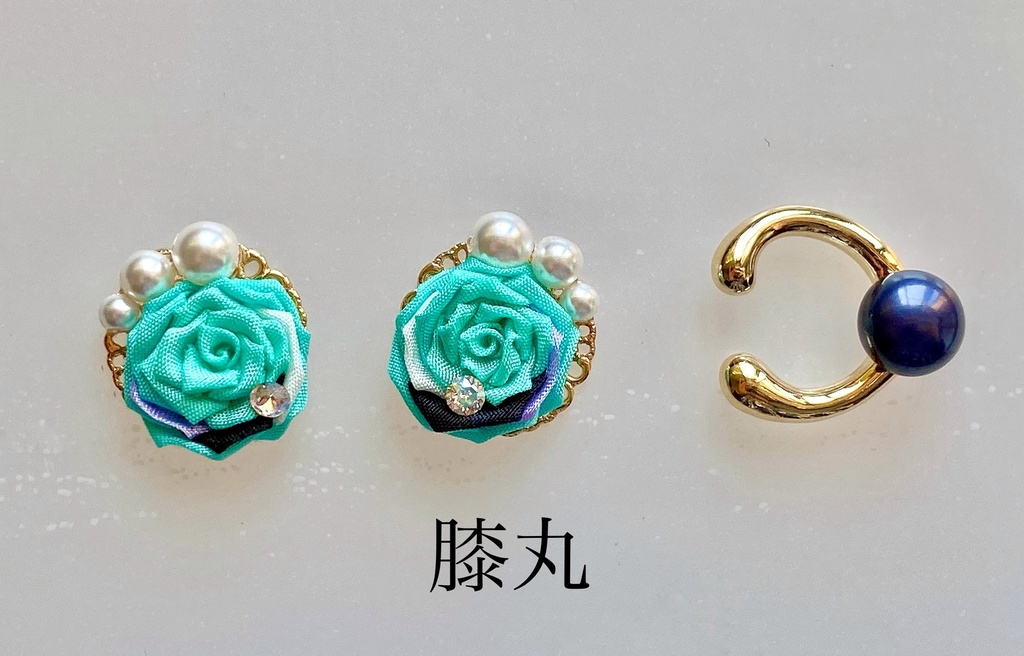 刀剣男士イメージ つまみ細工 小さなお花(薔薇)ピアス/イヤリング (イヤーカフ付き)
