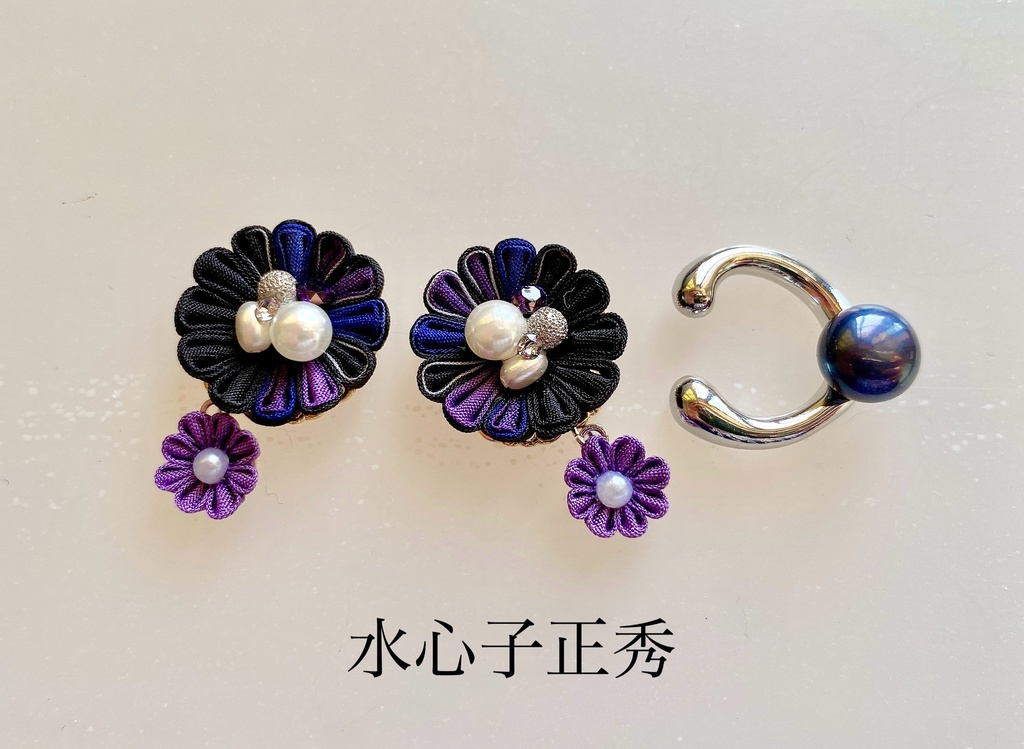 刀剣男士イメージ つまみ細工 小さなお花(雛菊)ピアス/イヤリング (イヤーカフ付き)