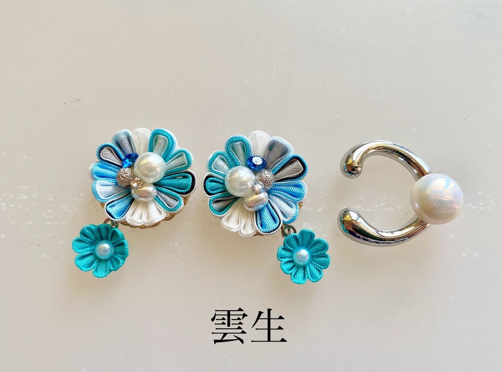 刀剣男士イメージ つまみ細工 小さなお花(雛菊)ピアス/イヤリング (イヤーカフ付き)