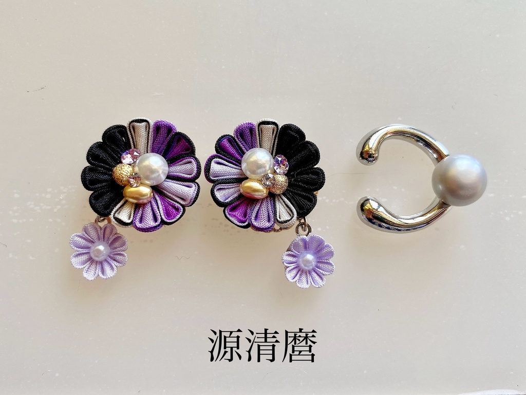 刀剣男士イメージ つまみ細工 小さなお花(雛菊)ピアス/イヤリング (イヤーカフ付き)
