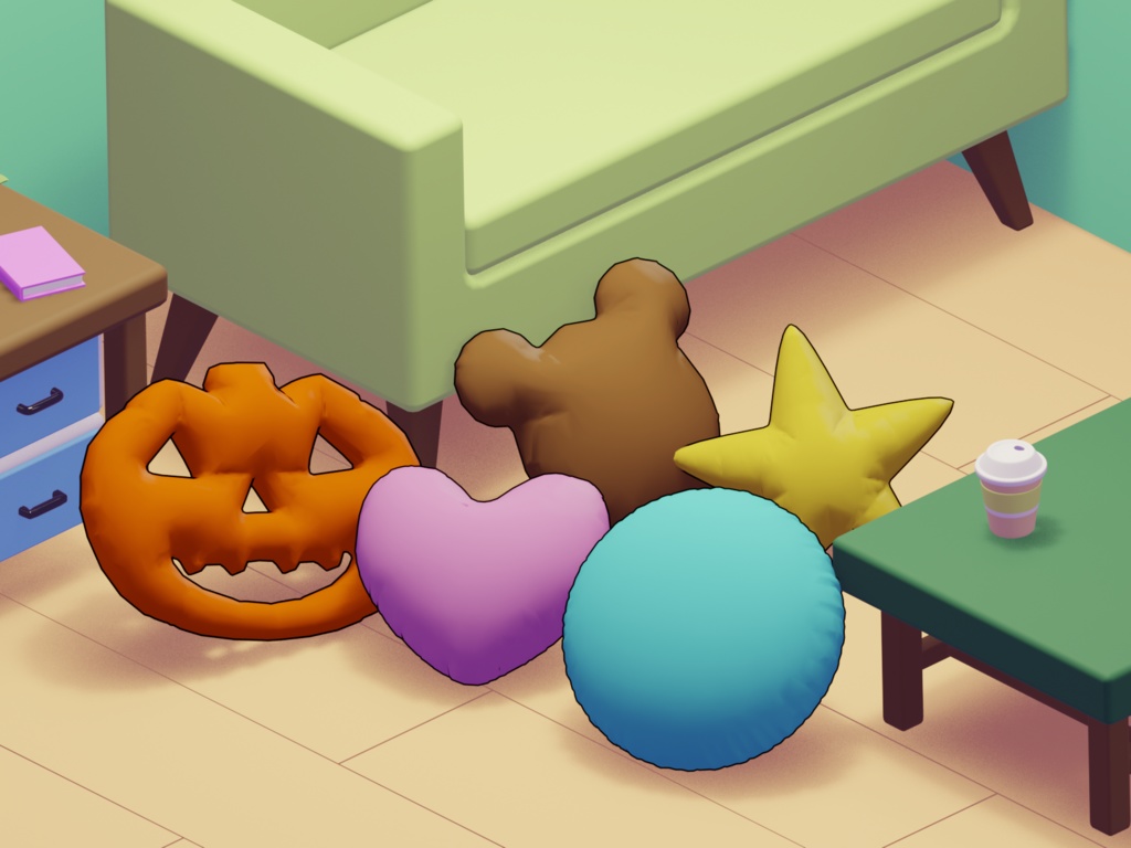【無料】キュートクッションセット(5種類) 3Dモデル｜Blender / Unity 対応