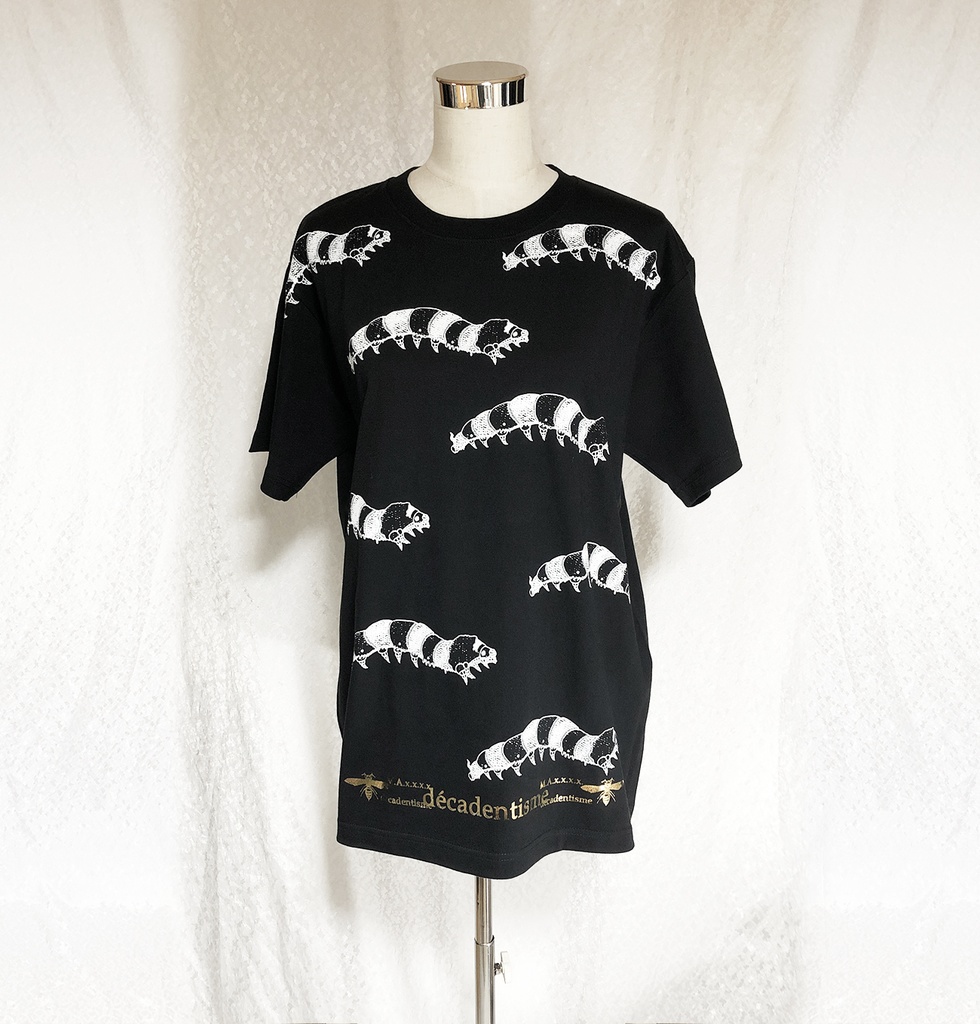 蚕 ブラックTシャツ【白インク×金箔】L