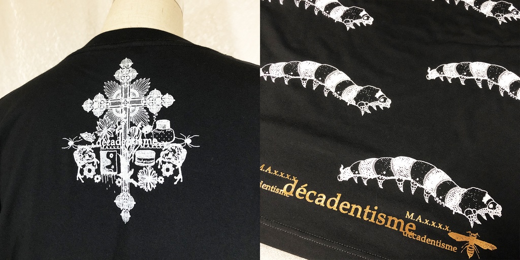蚕 ブラックTシャツ【白インク×金箔】L