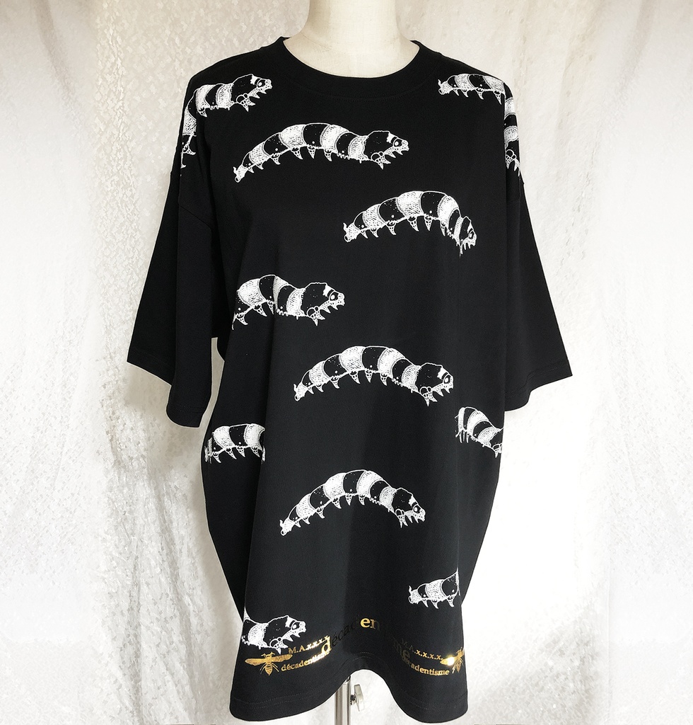 蚕 ブラックTシャツ【白インク×金箔】XXXL (受注制作)
