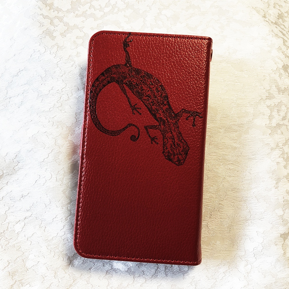 ヤモリの手帳型スマホケース【ボルドー・L】