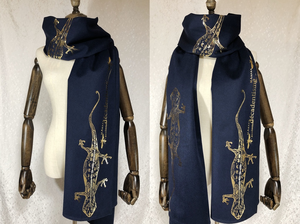BIG箔ヤモリの大判ショールマフラー【ダークナイトブルー×金箔】