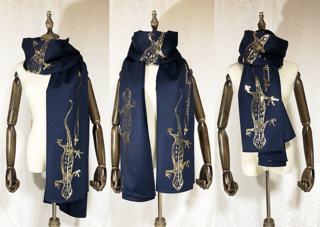 BIG箔ヤモリの大判ショールマフラー【ダークナイトブルー×金箔】