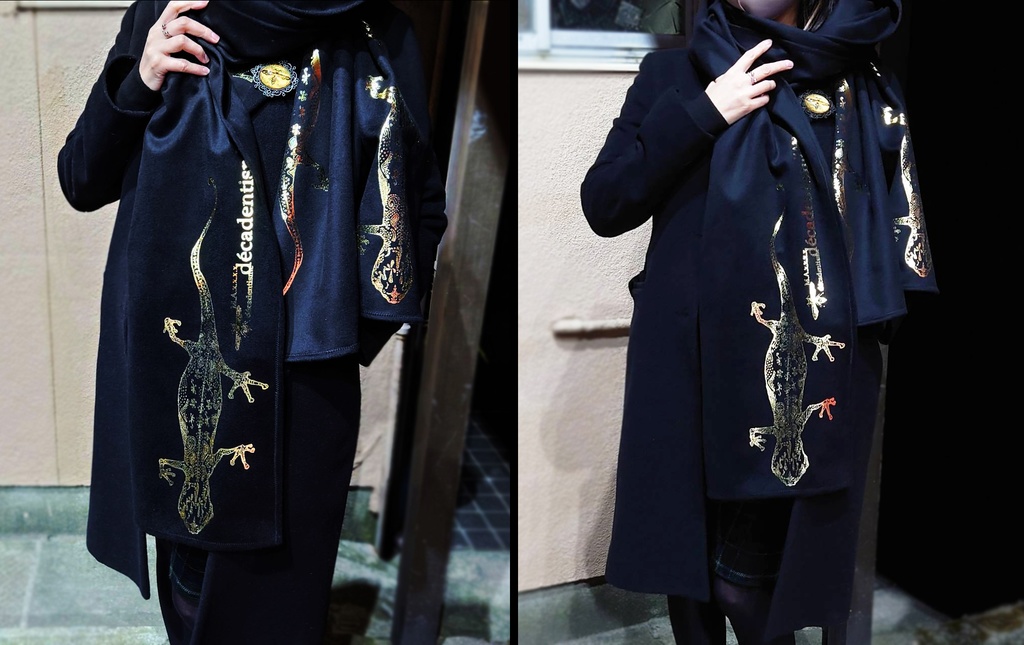 BIG箔ヤモリの大判ショールマフラー【ダークナイトブルー×金箔】