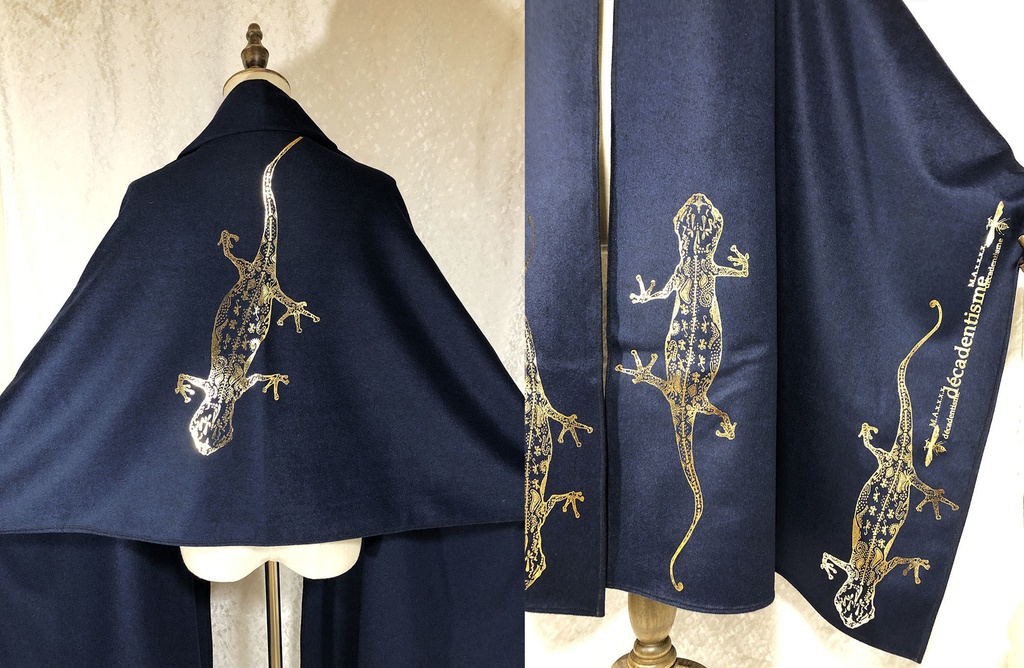 BIG箔ヤモリの大判ショールマフラー【ダークナイトブルー×金箔】