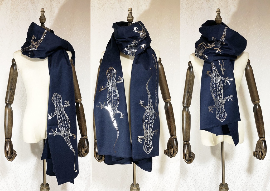 BIG箔ヤモリの大判ショールマフラー【ダークナイトブルー×銀箔】