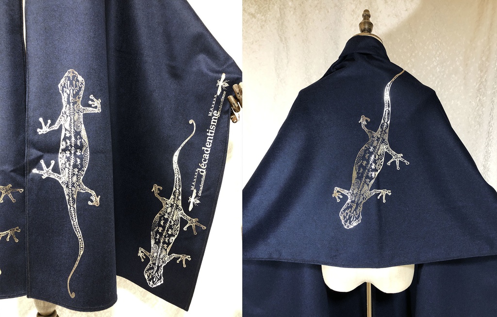 BIG箔ヤモリの大判ショールマフラー【ダークナイトブルー×銀箔】